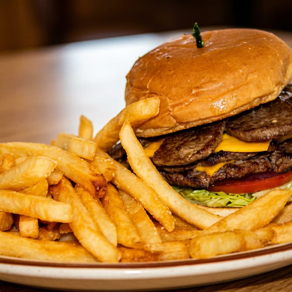 A large double cheeseburger with cheese, lettuce, tomato, and a side of golden fries.