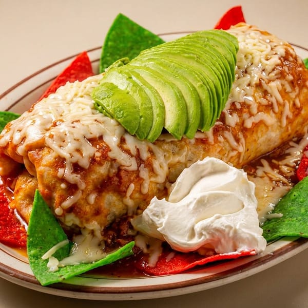 Cheesy burrito topped with sliced avocado and sour cream, served with red and green tortilla chips.