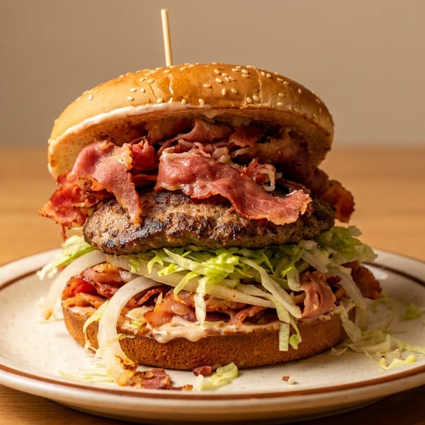 A tall, loaded burger with a thick patty, bacon, shredded lettuce, and onions on a sesame bun.