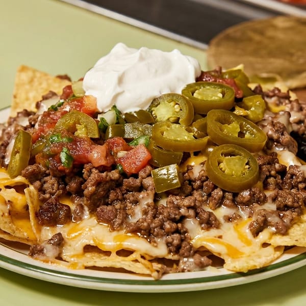 Plate of loaded nachos with ground beef, melted cheese, jalapeños, salsa, and sour cream.
