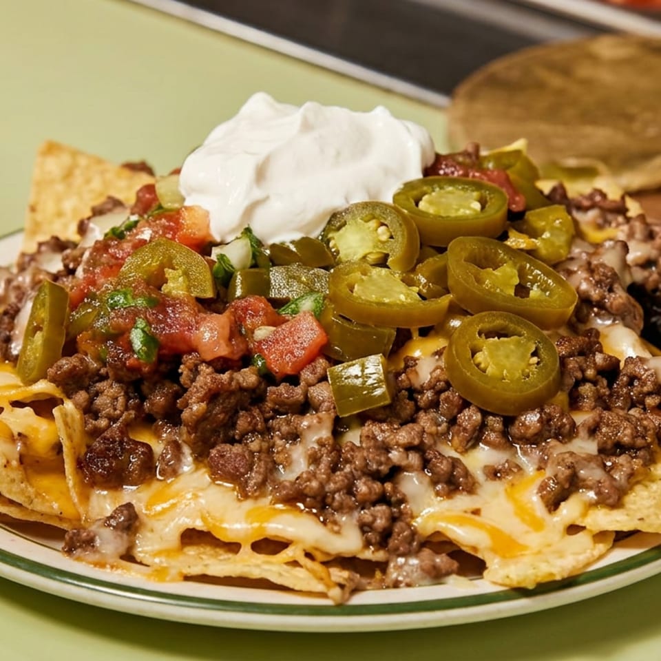 Plate of loaded nachos with ground beef, melted cheese, jalapeños, salsa, and sour cream.