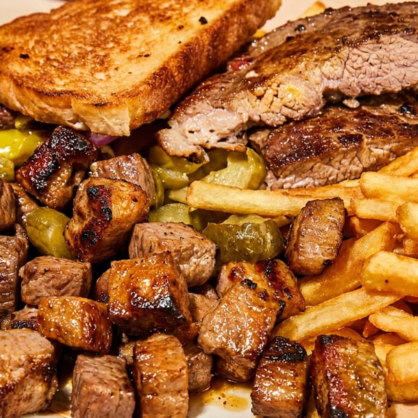 Plate of grilled steak, steak bites, crispy fries, toasted bread, and green peppers.