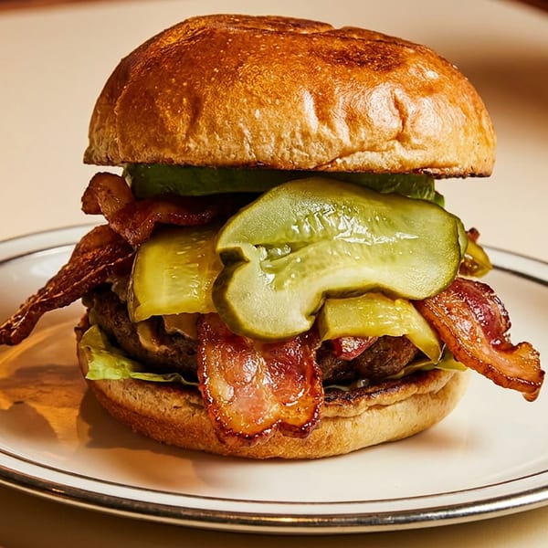 Close-up of a juicy burger with crispy bacon and sliced pickles on a white plate.
