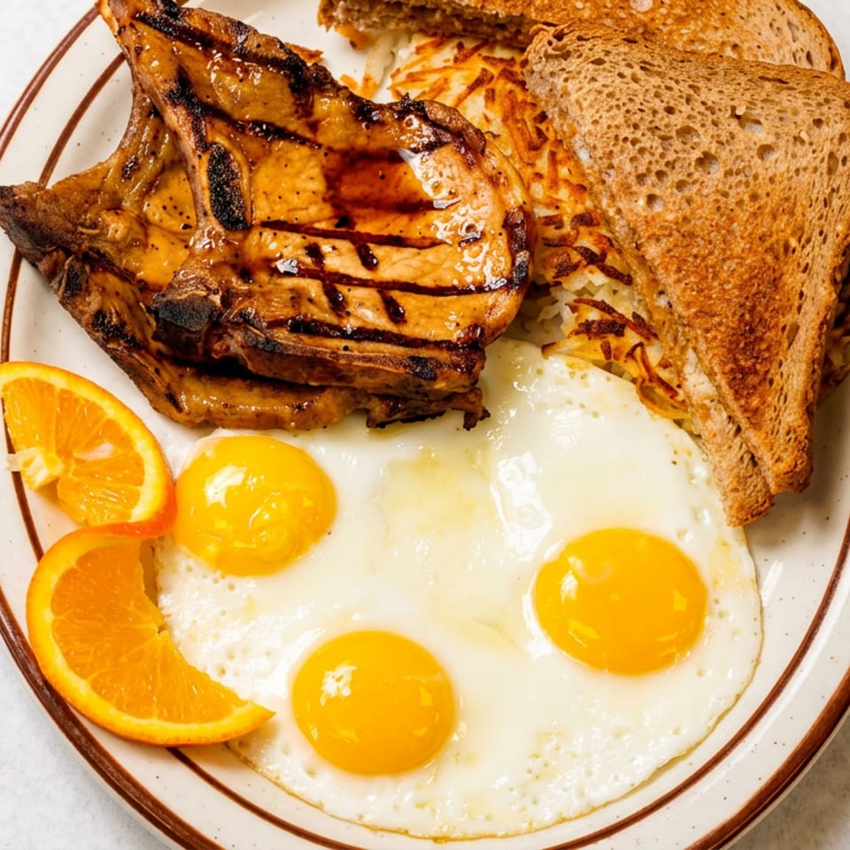 A breakfast plate with grilled pork chops, three fried eggs, hash browns, toast, and orange slices.