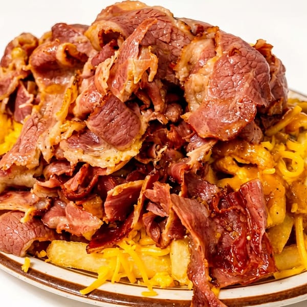 A large plate of golden fries smothered in cheese, gravy, and thinly sliced pastrami.